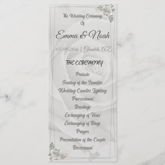 Bloemen Rustiek Stoffig Wit Rozen Platte Programma Programmakaart (Voorkant)