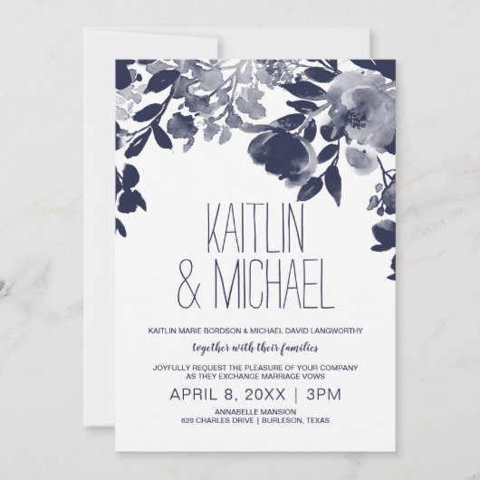 Bloemen rustieke bruiloft uitnodiging (marineblauw (Voorkant)