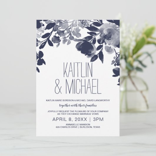 Bloemen rustieke bruiloft uitnodiging (marineblauw (Staand voorkant)