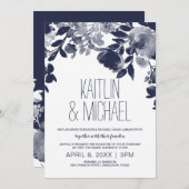Bloemen rustieke bruiloft uitnodiging (marineblauw (Voorkant / Achterkant)