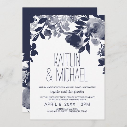 Bloemen rustieke bruiloft uitnodiging (marineblauw (Voorkant / Achterkant)