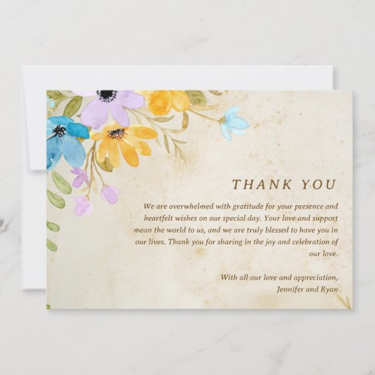 Bloemen rustieke buiten bruiloft dank u foto bedankkaart (Voorkant)