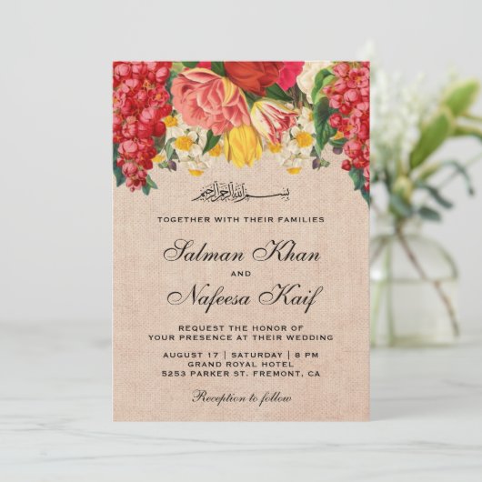 Bloemen Rustieke Burlap Moslim Bruiloft Kaart (Staand voorkant)
