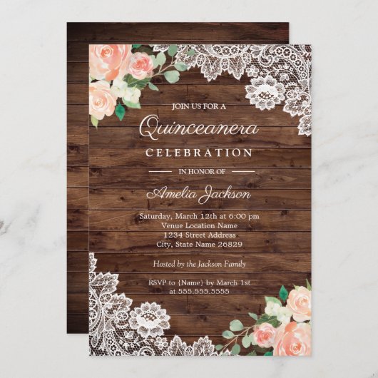 Bloemen rustieke houten kant quinceanera uitnodigi kaart (Voorkant / Achterkant)