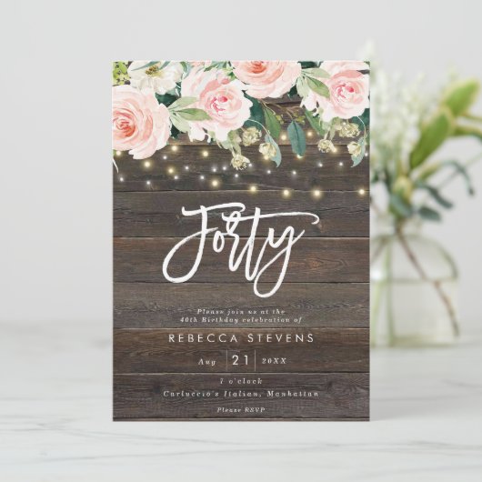 Bloemen rustieke houten lichten 40e verjaardag kaart (Staand voorkant)