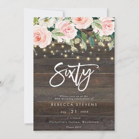 Bloemen rustieke houten lichten 60ste verjaardag kaart (Voorkant)