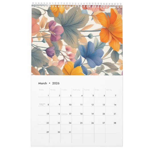 Bloemen rustieke kleurrijke bohemian botanische kalender (Mar 2026)