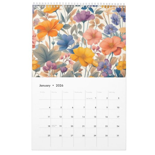 Bloemen rustieke kleurrijke bohemian botanische kalender (Jan 2026)