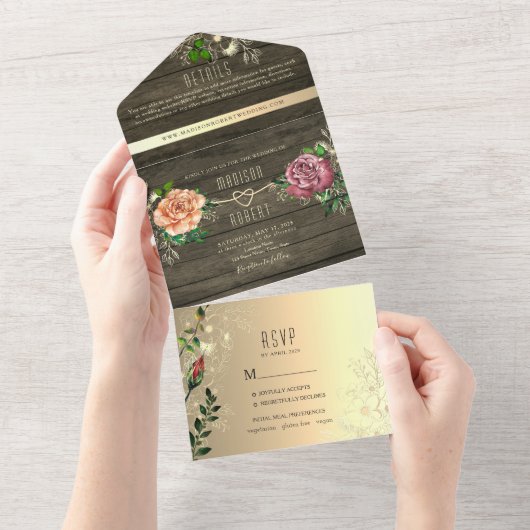 Bloemen rustieke schuur hout bruiloft all in one uitnodiging (Afscheurbaar)