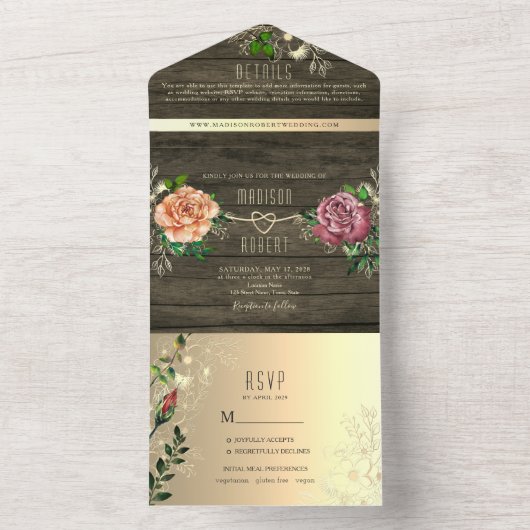 Bloemen rustieke schuur hout bruiloft all in one uitnodiging (Binnen)