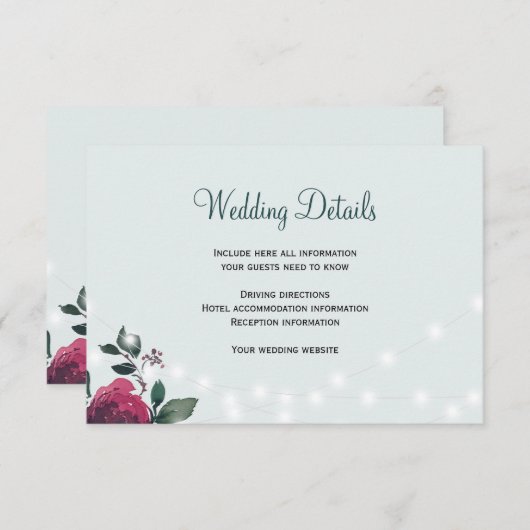 Bloemen rustieke winter bruiloft gastendetails informatiekaartje (Voorkant / Achterkant)