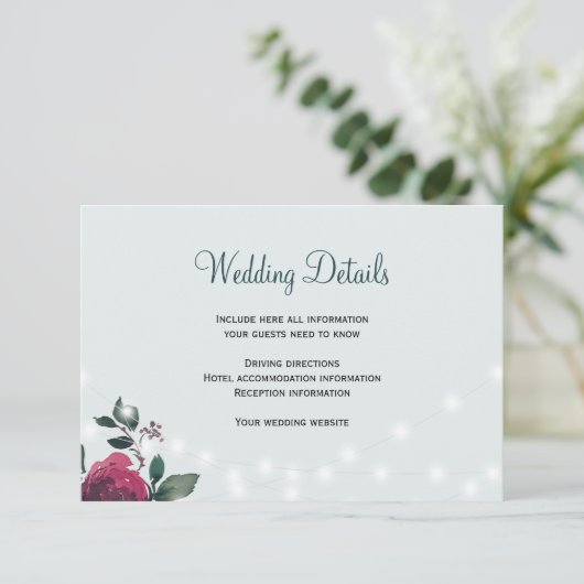 Bloemen rustieke winter bruiloft gastendetails informatiekaartje (Staand voorkant)