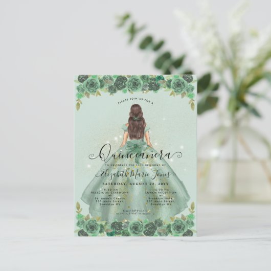 Bloemen Salie Groen Goud Glam Prinses Quinceanera Briefkaart (Staand voorkant)