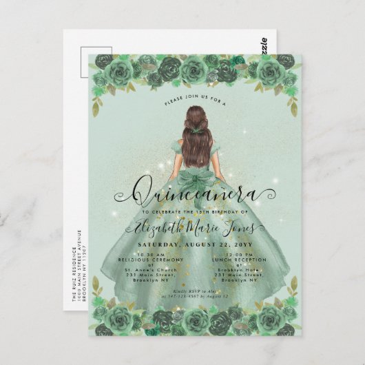 Bloemen Salie Groen Goud Glam Prinses Quinceanera Briefkaart (Voorkant / Achterkant)