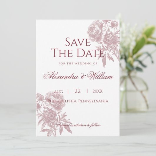  Bloemen Save the Date – Bourgogne Toile (Staand voorkant)