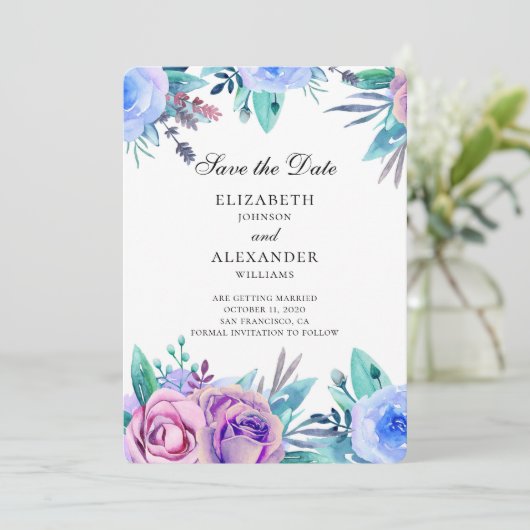 Bloemen save the date. Paarse en blauwe trouw Kaart (Staand voorkant)