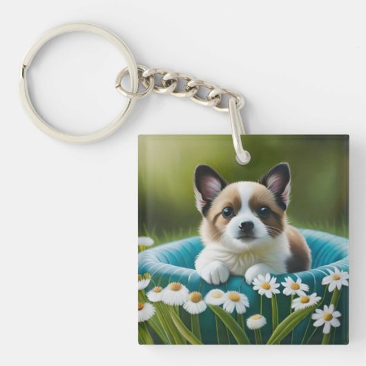 Bloemen schattig hondje in dazies sleutelhanger (voorkant)