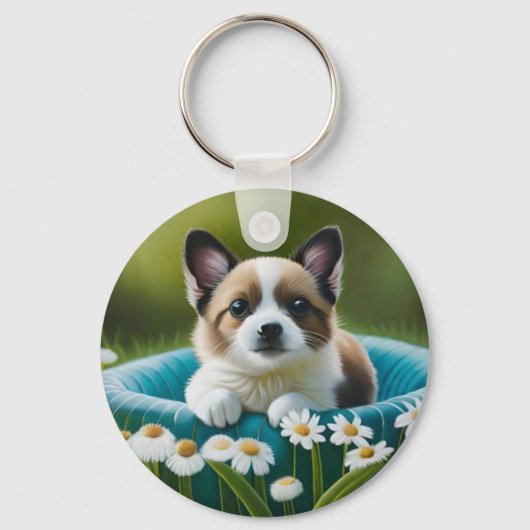 Bloemen schattig hondje in dazies sleutelhanger (Voorkant)