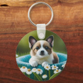 Bloemen schattig hondje in dazies sleutelhanger (Voorkant)