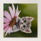 Bloemen schattig klein grijs kat legpuzzel (Horizontaal)