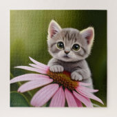 Bloemen schattig klein grijs kat legpuzzel (Verticaal)