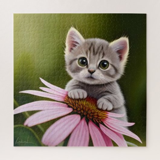 Bloemen schattig klein grijs kat legpuzzel (Verticaal)