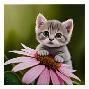 Bloemen schattig klein grijs kat perfect poster