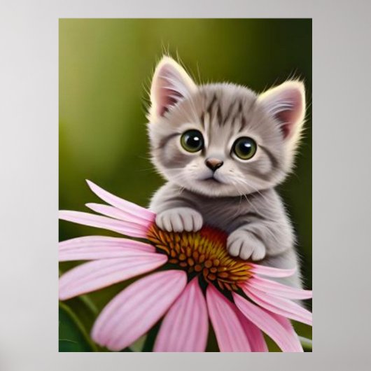 Bloemen schattig klein grijs kat poster (Voorkant)