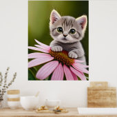 Bloemen schattig klein grijs kat poster (Keuken)