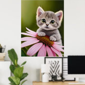 Bloemen schattig klein grijs kat poster (Thuiskantoor)
