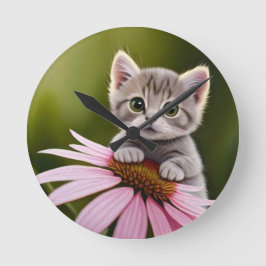 Bloemen schattig klein grijs kat ronde klok
