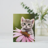 Bloemen schattig klein grijs kat RSVP kaartje (Staand voorkant)