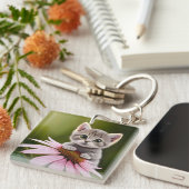 Bloemen schattig klein grijs kat sleutelhanger (Voorkant Rechts)