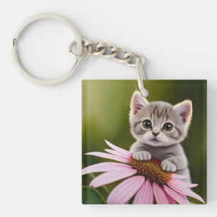 Bloemen schattig klein grijs kat sleutelhanger