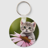 Bloemen schattig klein grijs kat sleutelhanger (Voorkant)