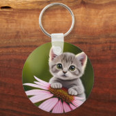Bloemen schattig klein grijs kat sleutelhanger (Voorkant)
