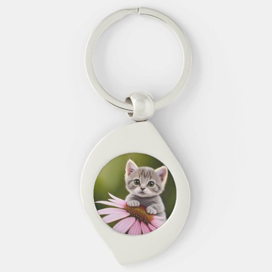 Bloemen schattig klein grijs kat sleutelhanger (Voorkant)