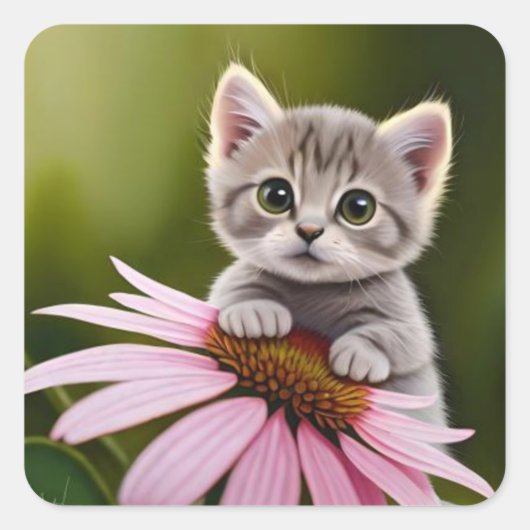 Bloemen schattig klein grijs kat vierkante sticker (Voorkant)