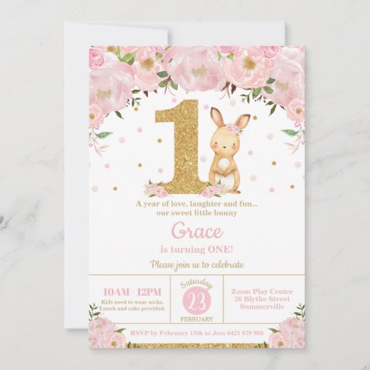 Bloemen Schattige Bunny Konijn Meisje 1e Verjaarda Kaart (Voorkant)