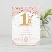 Bloemen Schattige Bunny Konijn Meisje 1e Verjaarda Kaart (Staand voorkant)