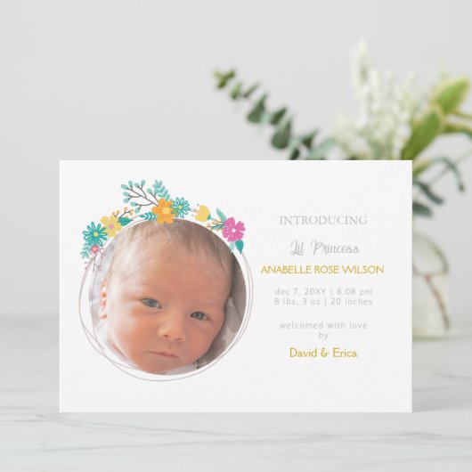 Bloemen Schattige Meisje Foto Geboorte Aankondigin Aankondiging (Staand voorkant)