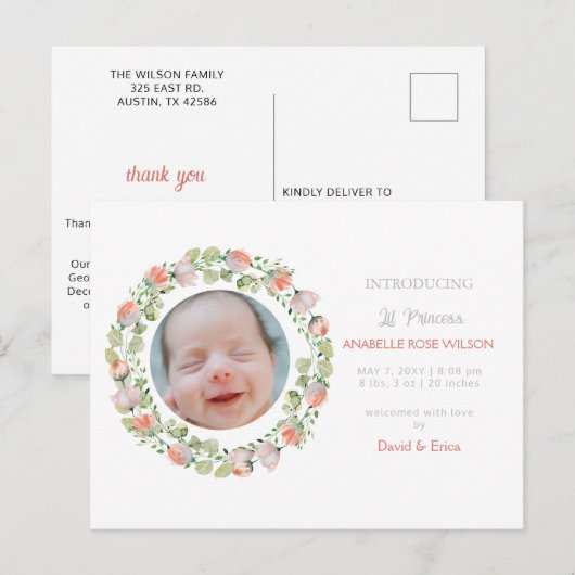 Bloemen Schattige Meisje Foto Geboorte Aankondigin Aankondigingskaart (Voorkant / Achterkant)