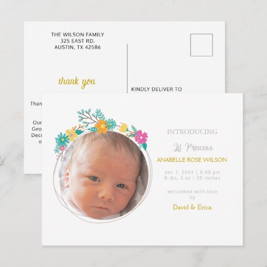 Bloemen Schattige Meisje Foto Geboorte Aankondigin Aankondigingskaart (Voorkant / Achterkant)