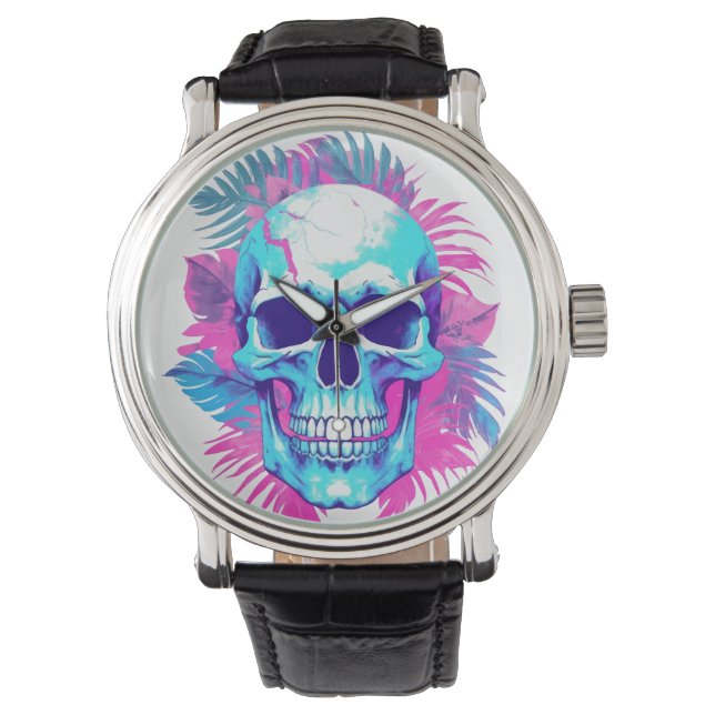 Bloemen schedel in vaporwave stijl horloge (Voorkant)
