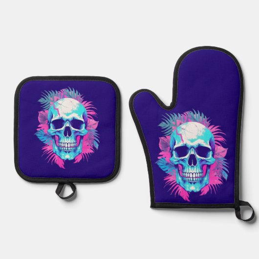 Bloemen schedel in vaporwave stijl ovenwant & pannenlap set (Voorkant)