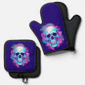 Bloemen schedel in vaporwave stijl ovenwant & pannenlap set (Voorkant / Achterkant)