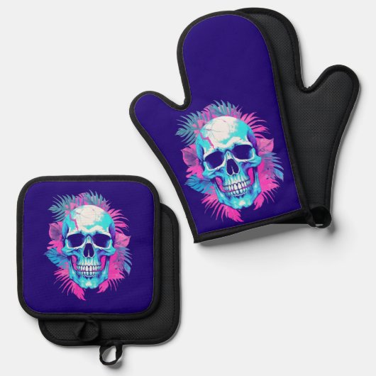 Bloemen schedel in vaporwave stijl ovenwant & pannenlap set (Voorkant / Achterkant)