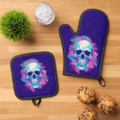 Bloemen schedel in vaporwave stijl ovenwant & pannenlap set (Top down)