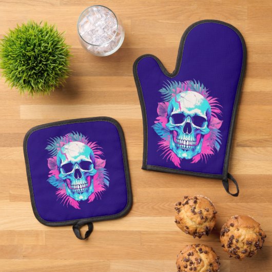 Bloemen schedel in vaporwave stijl ovenwant & pannenlap set (Top down)