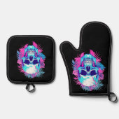 Bloemen schedel in vaporwave stijl ovenwant & pannenlap set (Voorkant)